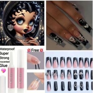 GlossySquare Black French Tip Press On Nails With3D Star Heart Rhinestone Charms